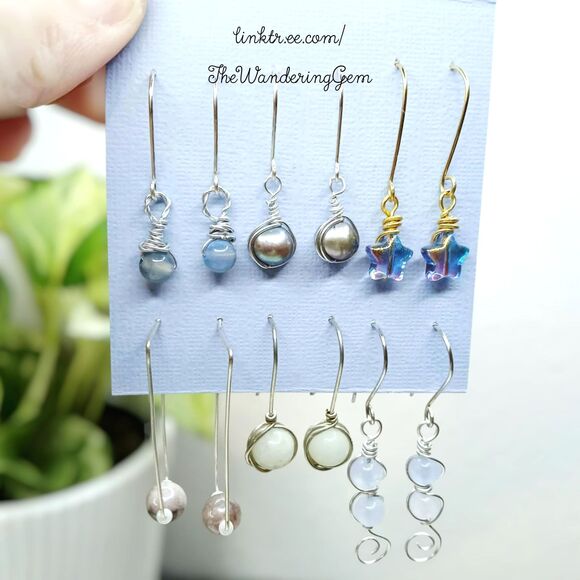 2/$50 - 6 Piece Blue & Gray Beaded Dangle Earring Set, Dainty Fairy Cottage - Picture 1 of 5